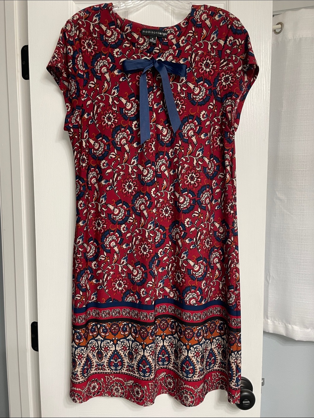 madison leigh Red Floral Midi Dress with Navy Bow